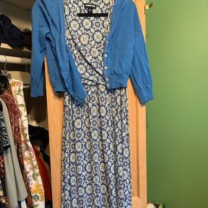 Lands’ End Fit and Flare Blue Patterned Maxi and Cropped Sweater